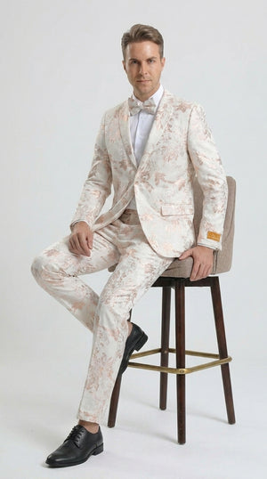 Men’s Gold and White Prom Suit with Floral Pattern Jacket, Matching Pants and Bow Tie