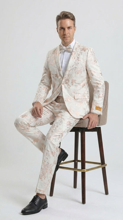 Men’s Gold and White Prom Suit with Floral Pattern Jacket, Matching Pants and Bow Tie Modern Fit