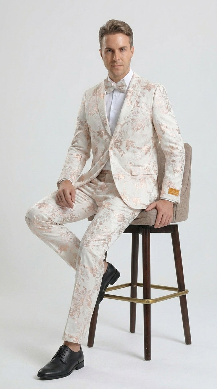 Men’s Gold and White Prom Suit with Floral Pattern Jacket, Matching Pants and Bow Tie Modern Fit