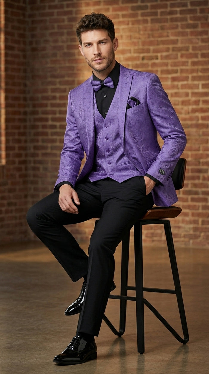 Men’s Purple Paisley Prom Tuxedo Suit, Wedding Floral Jacket with Matching Vest and Pants