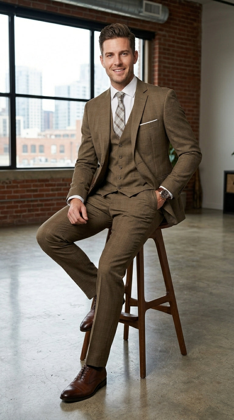 Men’s Taupe Tan Coffee Windowpane Plaid 3 Piece Suit, Two Button Vested Wedding Business Suit Set
