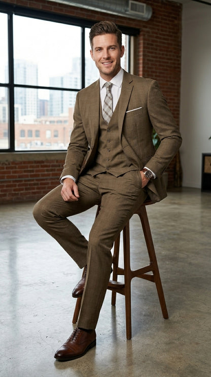 Men’s Taupe Tan Coffee Windowpane Plaid 3 Piece Suit, Two Button Vested Wedding Business Suit Set