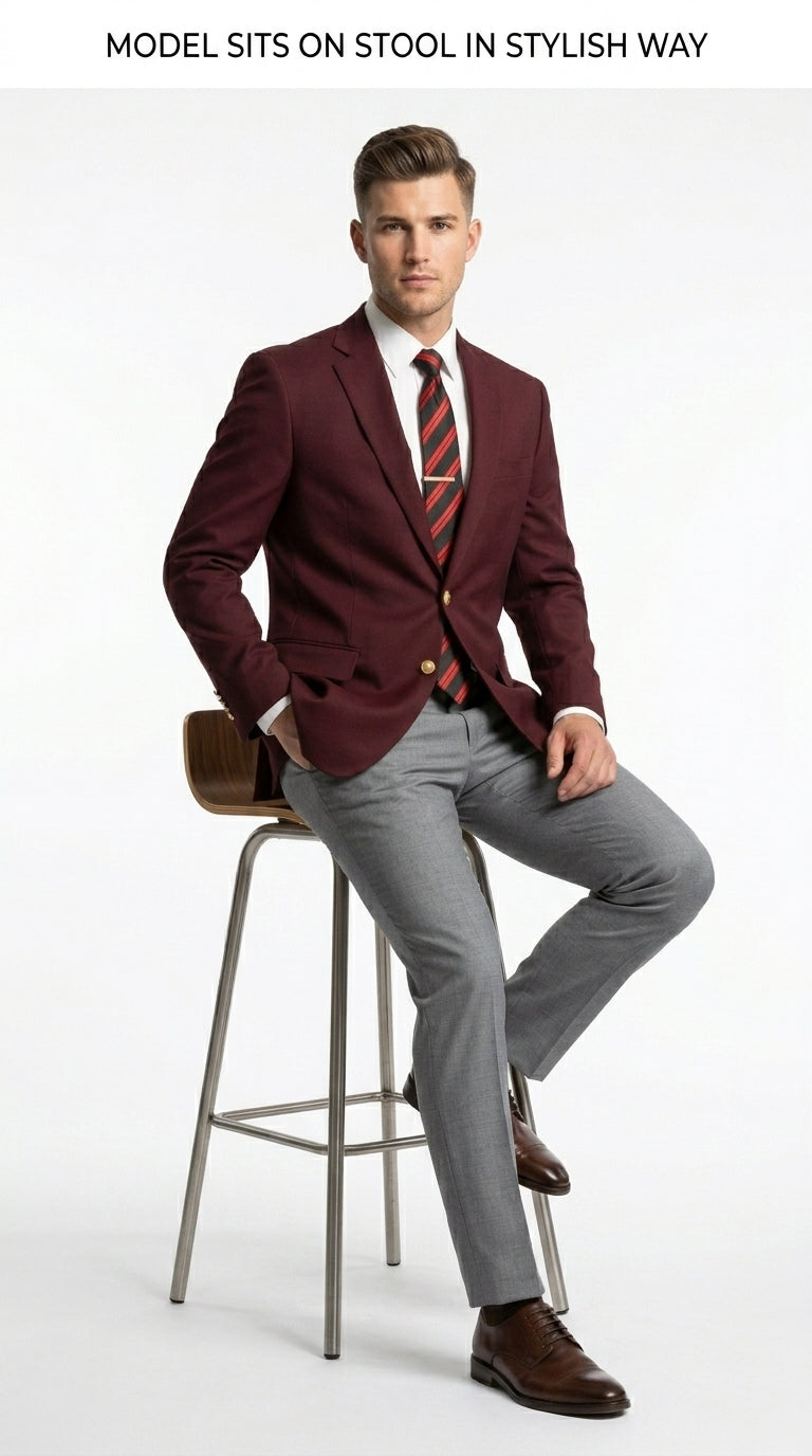 Men’s Burgundy Maroon Wine 2 Button Blazer, Classic Business Casual Wedding Sport Coat Jacket
