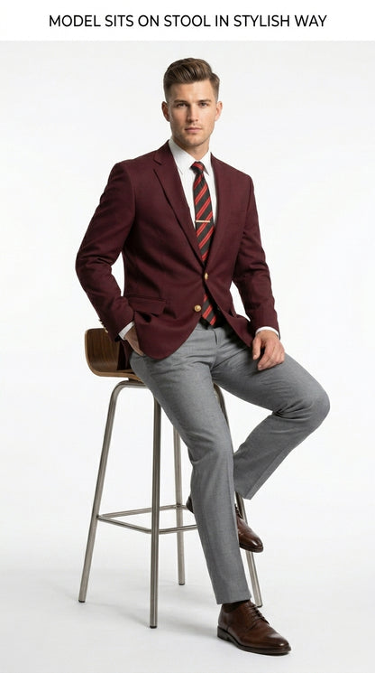 Men’s Burgundy Maroon Wine 2 Button Blazer, Classic Business Casual Wedding Sport Coat Jacket