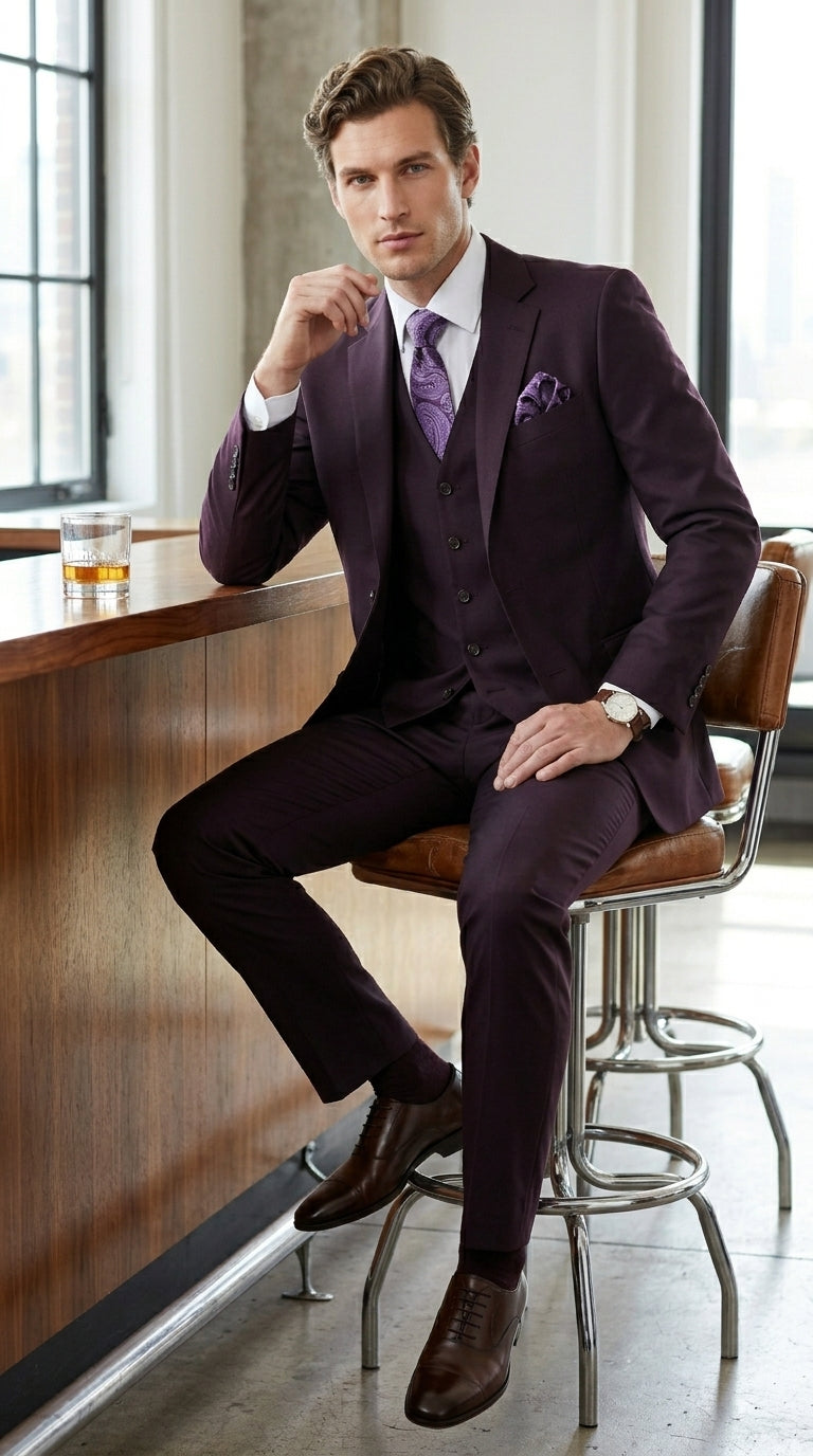 Men’s Very Dark Purple Plum Eggplant 3 Piece Suit, Classic Vested 2 Button Wedding Business Suit Set