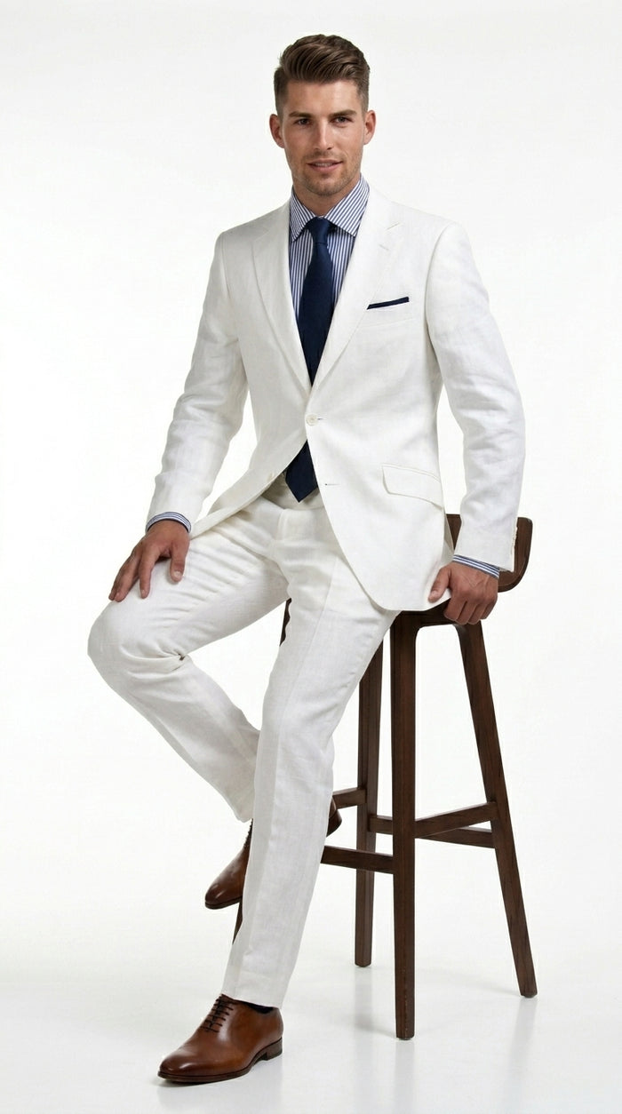 Men’s White Lightweight Linen 2 Button Suit, Formal Wedding Beach Summer Suit Set Modern Fit