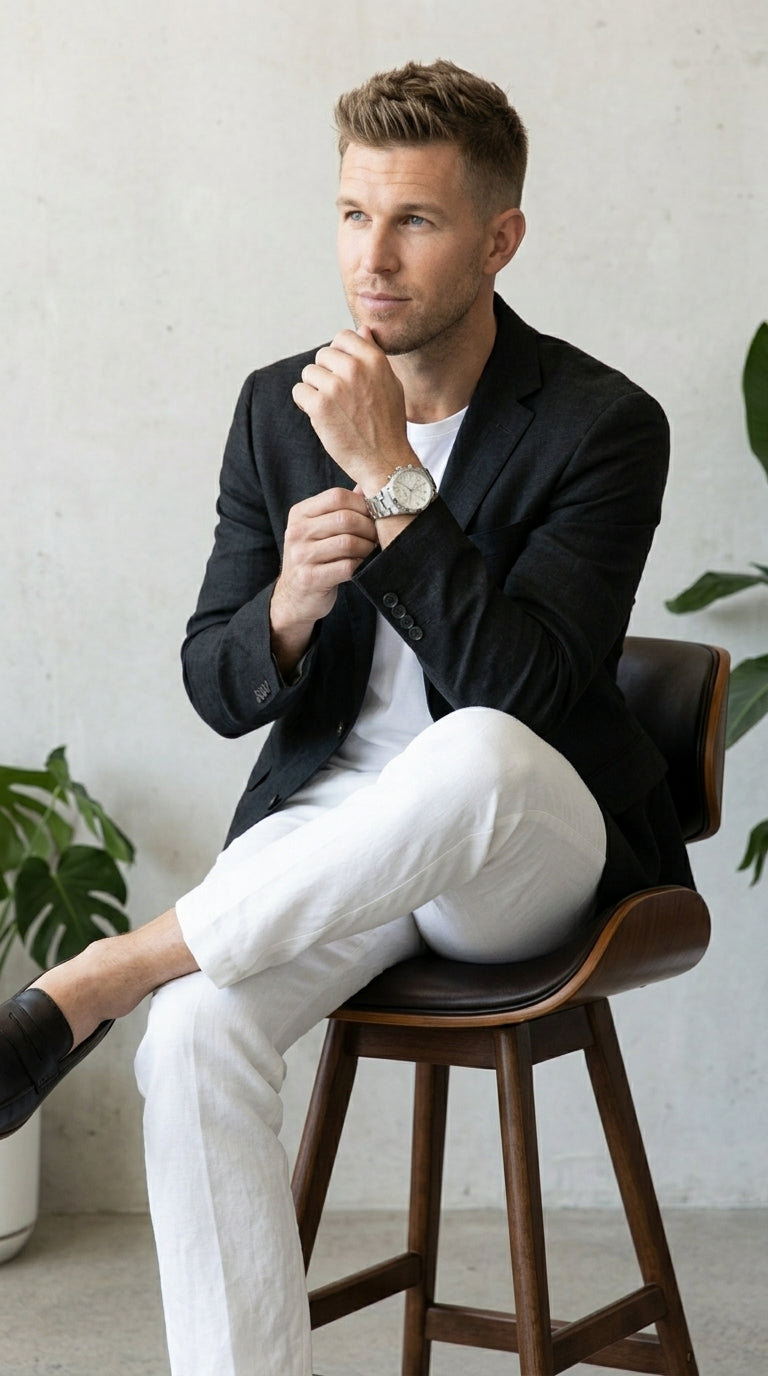 Men’s Black Lightweight Linen Blazer, Summer Business Casual Wedding Sport Coat Jacket