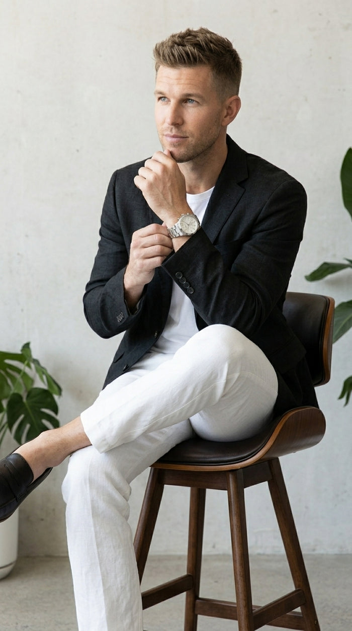 Men’s Black Lightweight Linen Blazer, Summer Business Casual Wedding Sport Coat Jacket