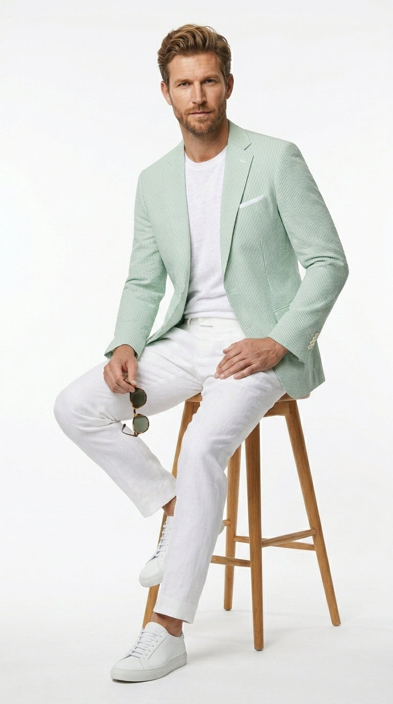 Men’s Green Seersucker Blazer, Lightweight Summer Wedding Business Casual Sport Coat Jacket
