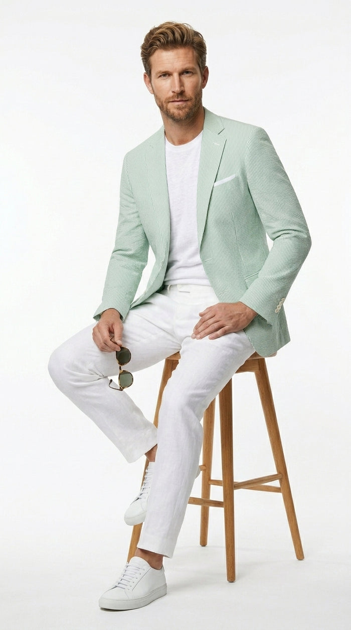 Men’s Green Seersucker Blazer, Lightweight Summer Wedding Business Casual Sport Coat Jacket