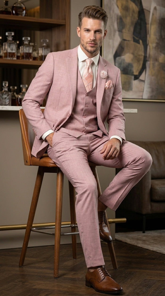 Men’s Mauve Rose Gold Light Pink 3 Piece Wedding Suit, Formal Vested Groom Prom Suit Set