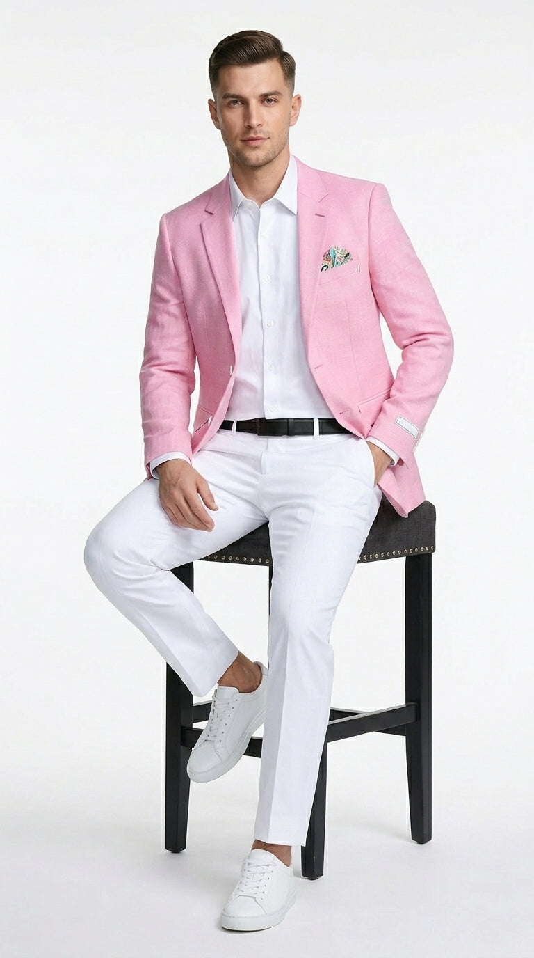 Men’s Pink Lightweight Easter Suit, Jacket and Pants Summer Wedding Prom Dress Suit Set