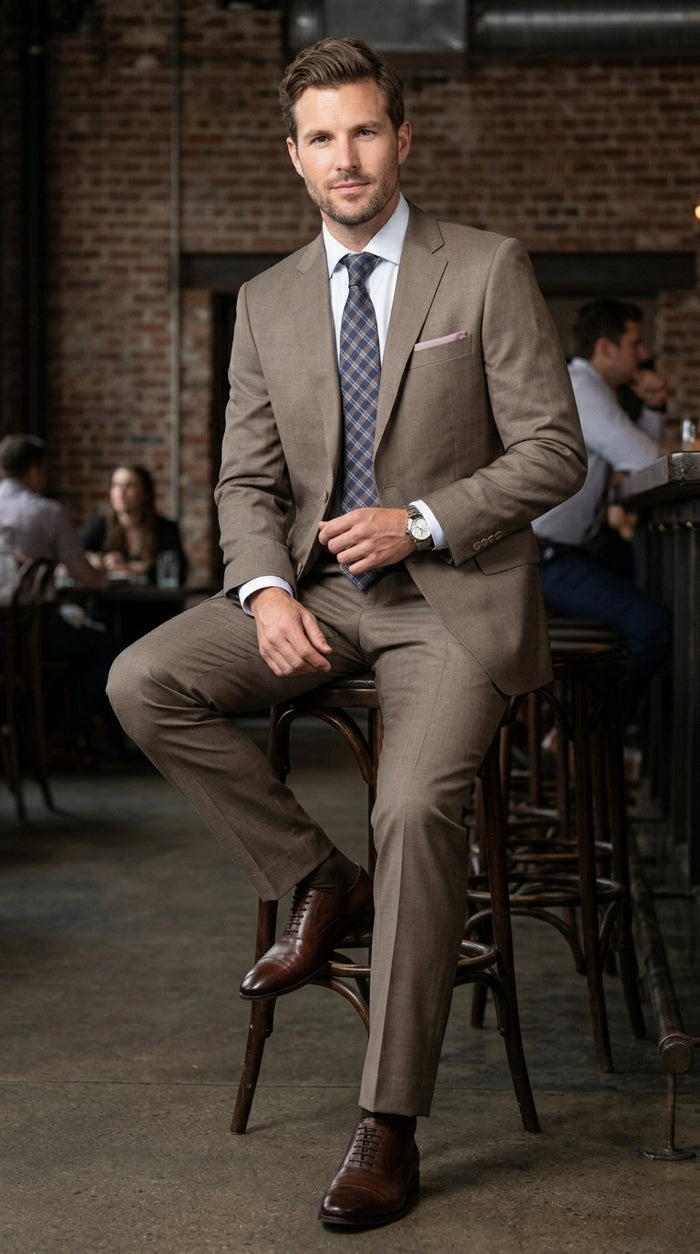 Men’s Taupe 2 Button Suit, Classic Business Wedding Church Formal Dress Suit Set