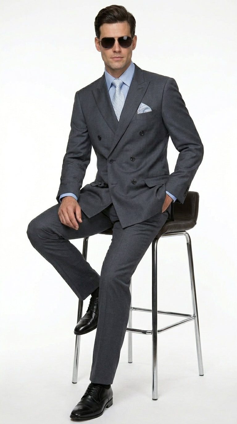 Men’s Charcoal Grey Double Breasted Wool Suit, Designer Formal Wedding Business Dress Suit Set Modern Fit