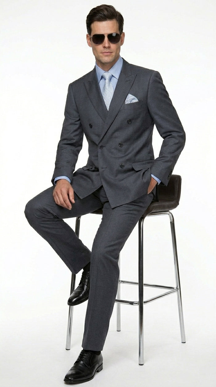 Men’s Charcoal Grey Double Breasted Wool Suit, Designer Formal Wedding Business Dress Suit Set Modern Fit