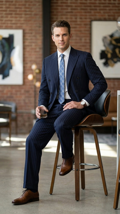 Men’s Dark Navy Blue Pinstripe Double Breasted Suit, Formal Business Wedding Dress Suit Set