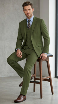 Men’s Olive Vested Suit, Classic Fit 3 Piece Flat Front Formal Wedding Business Suit Set