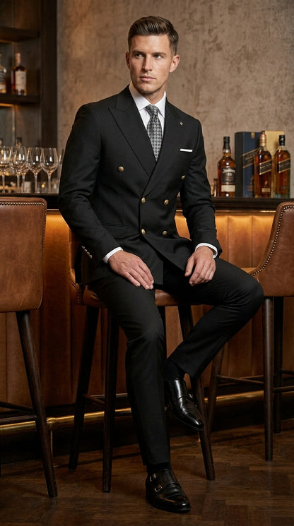 Men’s Black Double Breasted Wool Suit with Gold Buttons, Designer Formal Wedding Business Suit Set Modern Fit