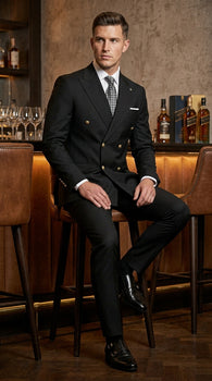 Men’s Black Double Breasted Wool Suit with Gold Buttons, Designer Formal Wedding Business Suit Set