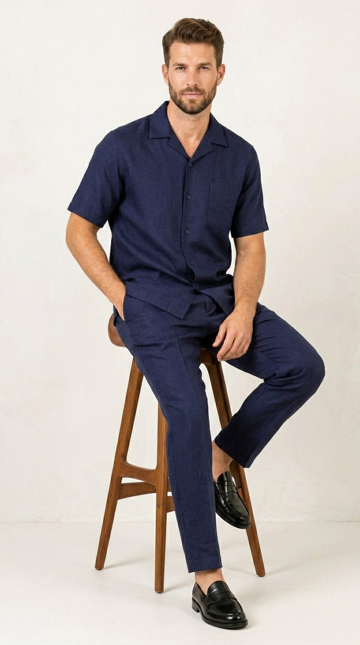 Men’s Dark Navy Linen Short Sleeve Walking Suit, Casual 2 Piece Shirt and Pleated Pants Set