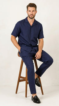 Men’s Dark Navy Linen Short Sleeve Walking Suit, Casual 2 Piece Shirt and Pleated Pants Set