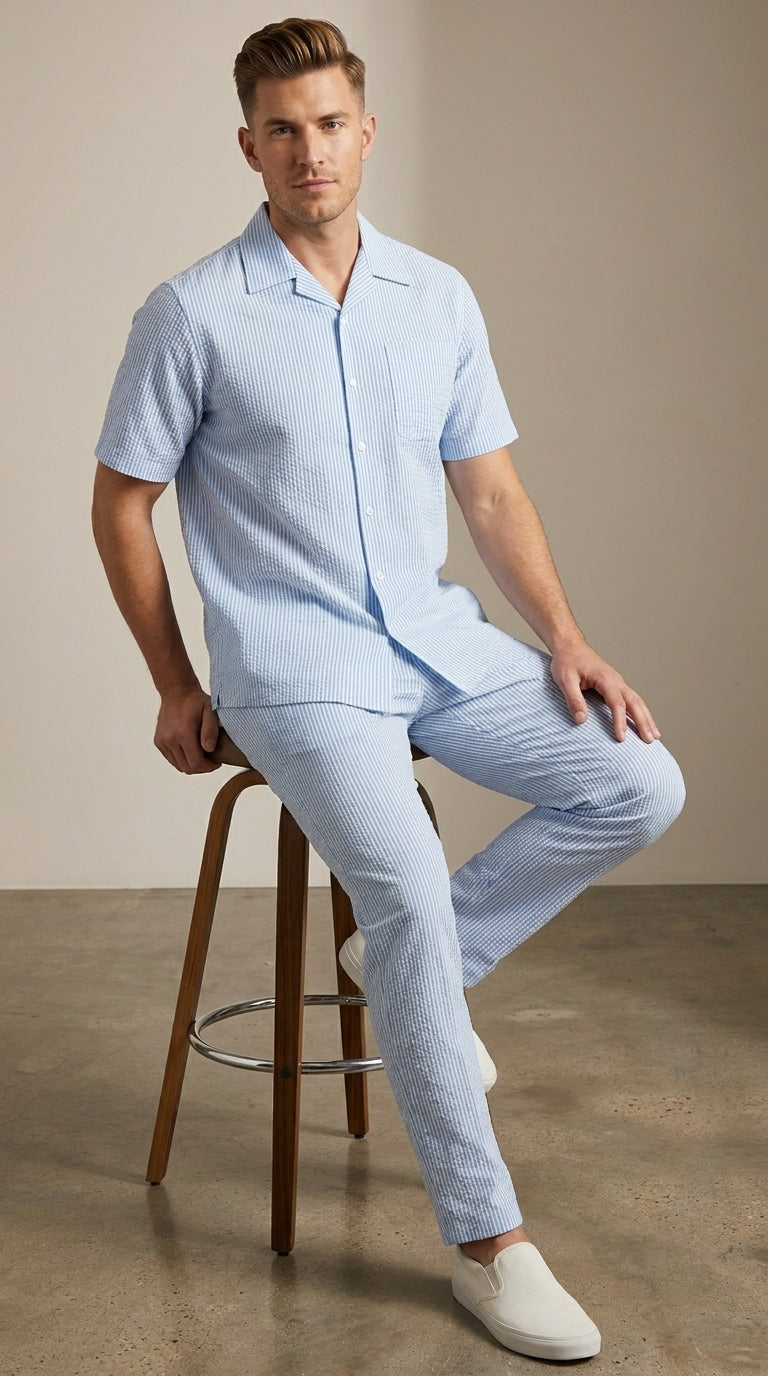 Men’s Blue Seersucker 2 Piece Walking Set, Short Sleeve Shirt and Pants Summer Outfit