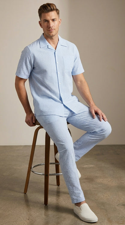 Men’s Blue Seersucker 2 Piece Walking Set, Short Sleeve Shirt and Pants Summer Outfit