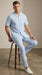Men’s Blue Seersucker 2 Piece Walking Set, Short Sleeve Shirt and Pants Summer Outfit