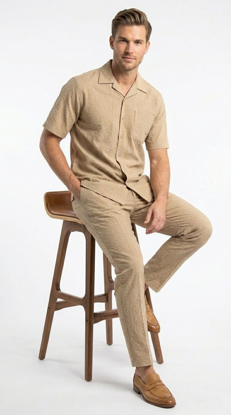 Men’s Blue Seersucker 2 Piece Walking Set, Short Sleeve Shirt and Pants Summer Outfit