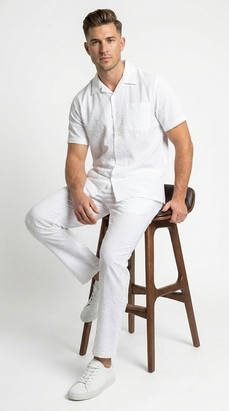 Men’s Blue Seersucker 2 Piece Walking Set, Short Sleeve Shirt and Pants Summer Outfit
