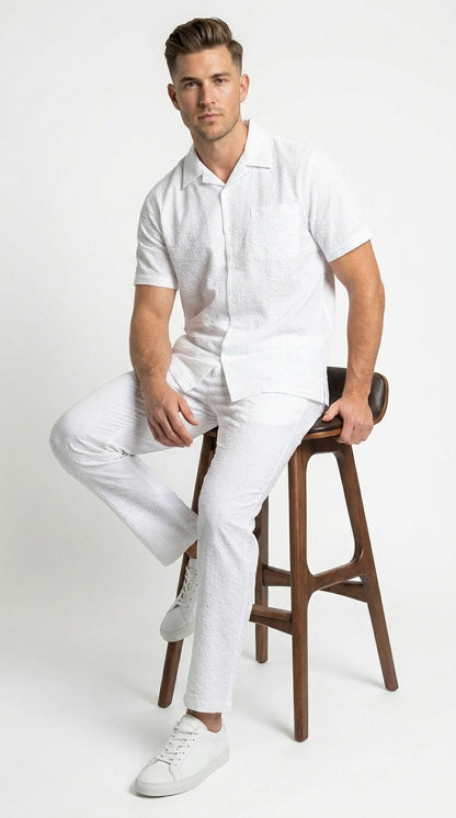 Men’s Blue Seersucker 2 Piece Walking Set, Short Sleeve Shirt and Pants Summer Outfit