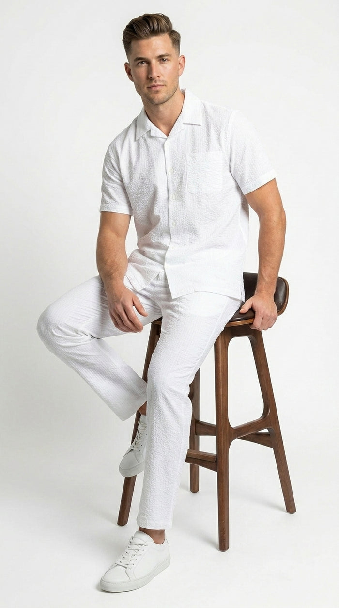 Men’s Blue Seersucker 2 Piece Walking Set, Short Sleeve Shirt and Pants Summer Outfit
