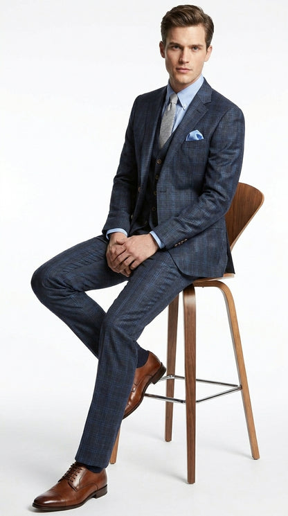 Men’s Charcoal Grey and Blue Plaid 3 Piece Vested Suit, Formal Wedding Business Dress Suit Set