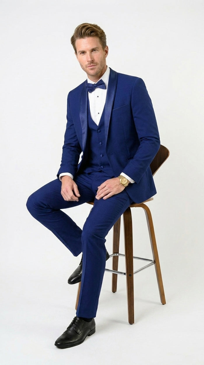 Men’s Bright Sapphire Blue 1 Button Shawl Lapel Vested Tuxedo, Formal Wedding Prom Dinner Suit Set