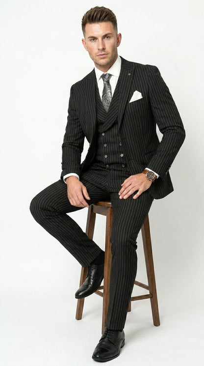 Mens Italian Wool Suit Color Black - Men's Designer Wool Pleated Pant Vested Black Gangster Pinstripe Suit