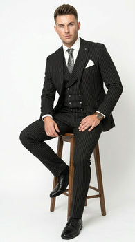 Mens Italian Wool Suit Color Black - Men's Designer Wool Pleated Pant Vested Black Gangster Pinstripe Suit