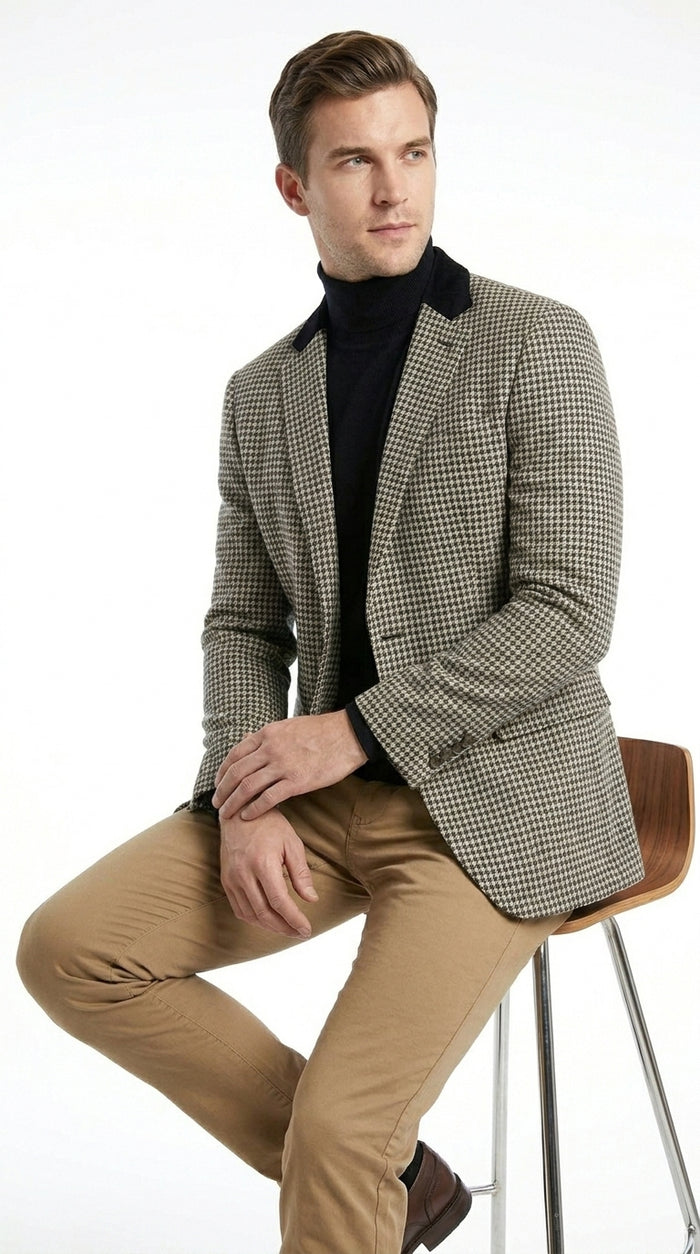 Men’s White and Black Houndstooth Checkered Blazer, Dress Casual Sport Coat Jacket