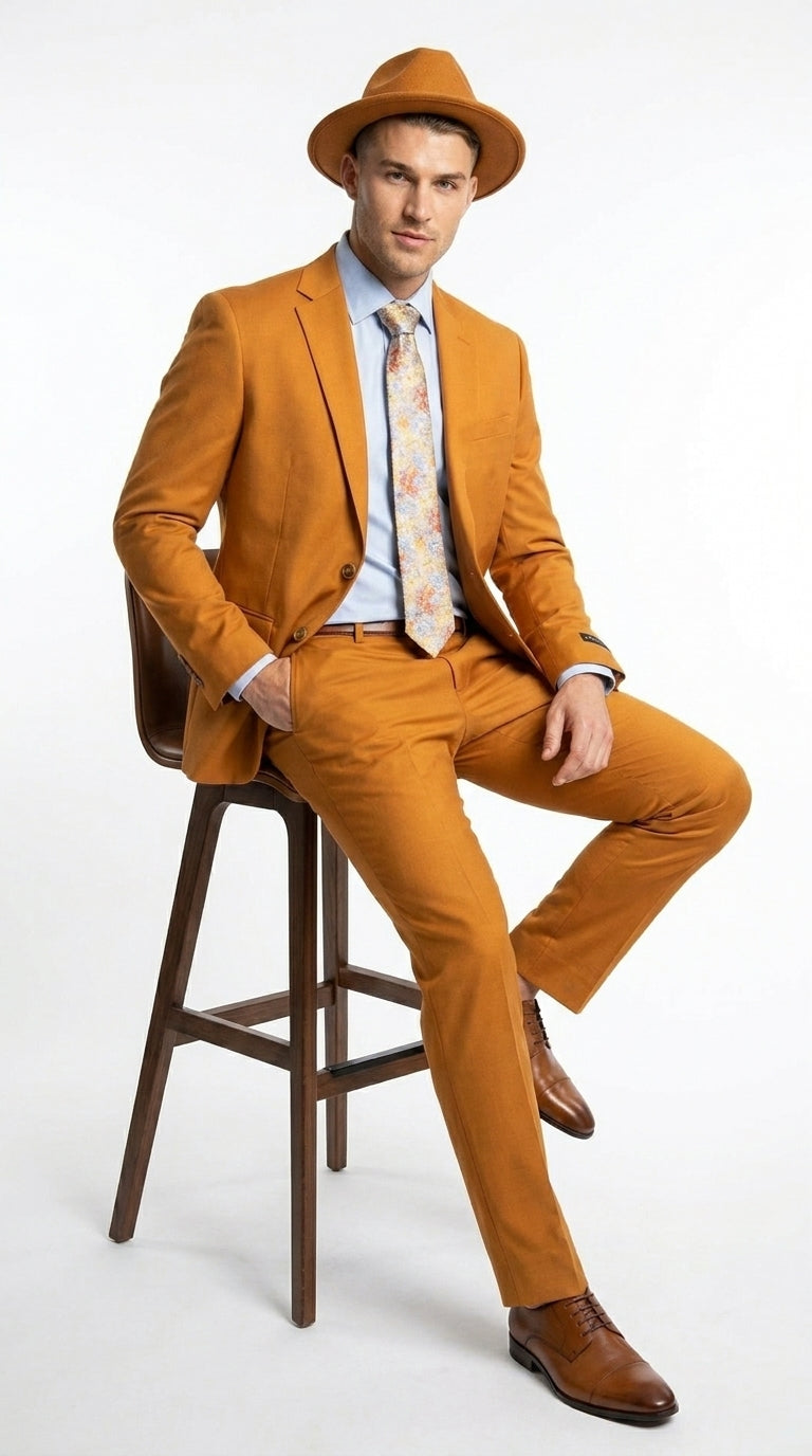 Men’s Light Rust Copper 2 Button Modern Fit Suit, Fall Color Church Dress Suit