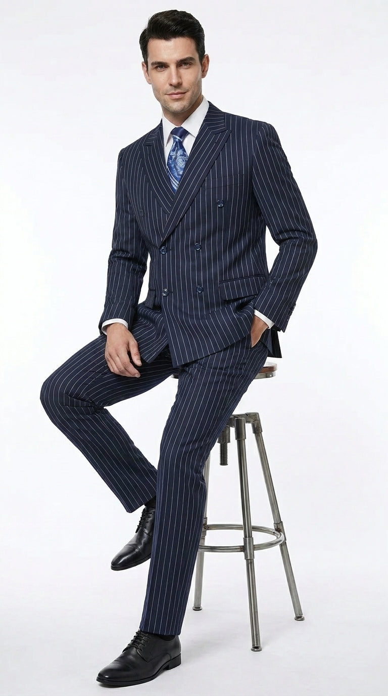 Men’s Navy Blue Double Breasted Gangster Pinstripe Suit, 1920s Formal Dress Suit