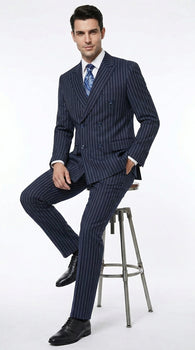 Men’s Navy Blue Double Breasted Gangster Pinstripe Suit, 1920s Formal Dress Suit