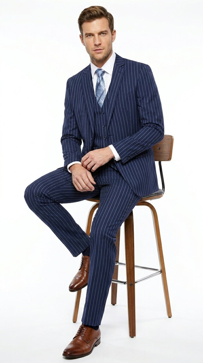 Men’s Teal Indigo Bright Blue Cobalt Pinstripe 3 Piece Suit, Formal Wedding Business Dress Suit Modern Fit