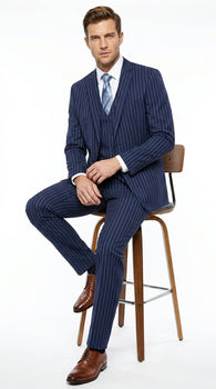 Men’s Teal Indigo Bright Blue Cobalt Pinstripe 3 Piece Suit, Formal Wedding Business Dress Suit