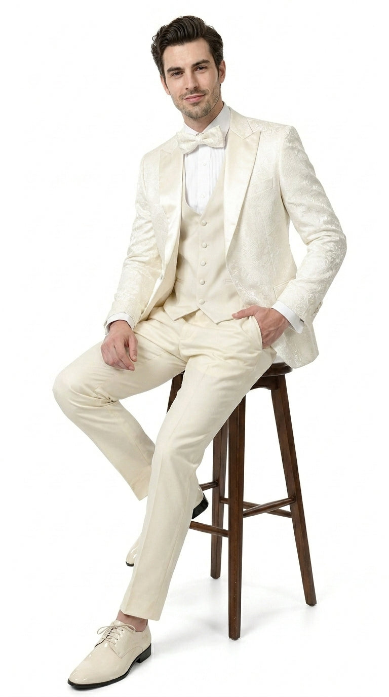 Men’s Champagne Ivory Paisley Dinner Jacket with Bow Tie, Off White Floral Formal Blazer