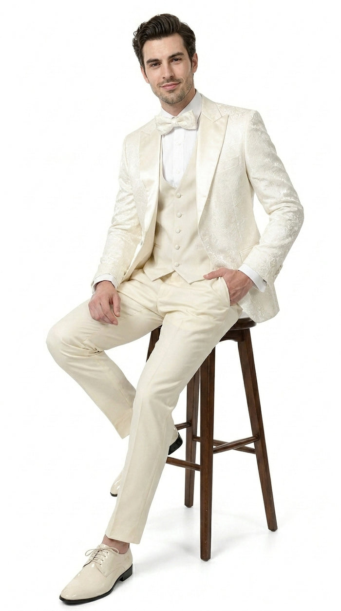 Men’s Champagne Ivory Paisley Dinner Jacket with Bow Tie, Off White Floral Formal Blazer