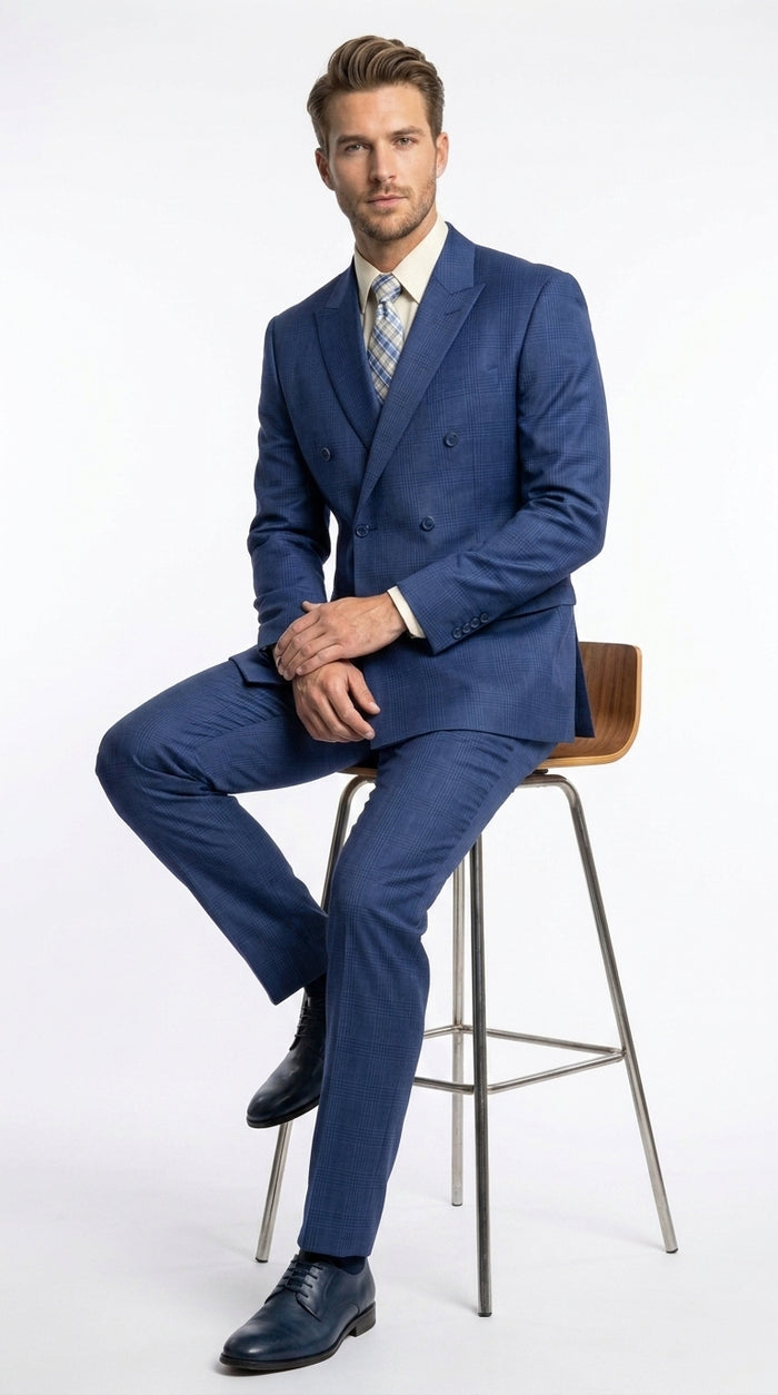 Vinci Men’s Blue Double Breasted Glen Plaid 2 Piece Suit, Formal Wedding Business Dress Suit Modern Fit