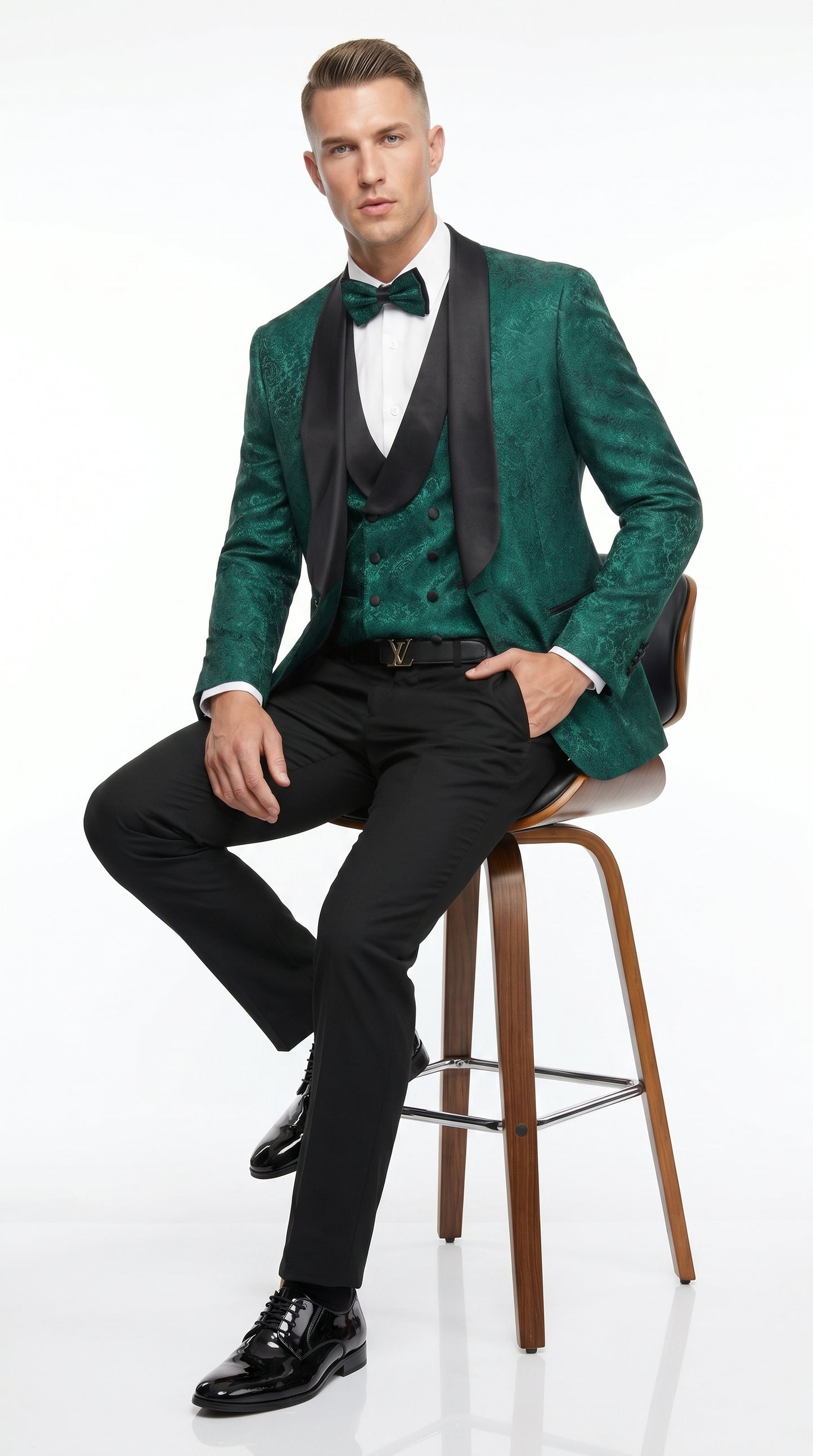 Men’s Hunter Green Textured Pattern  Suit with Black Shawl Lapel, Formal Wedding Prom Suit Modern Fit