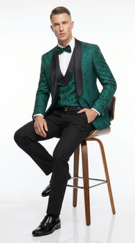 Men’s Hunter Green Textured Pattern Modern Fit Suit with Black Shawl Lapel, Formal Wedding Prom Suit