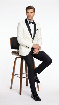 Men’s Ivory Wedding Suit with Black Satin Lapels – Groom Formal Suit Jacket and Pants