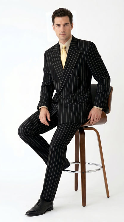 Men’s Black Pinstripe Double Breasted Suit, Super 120s Acrylic Rayon Formal Dress Suit Modern Fit