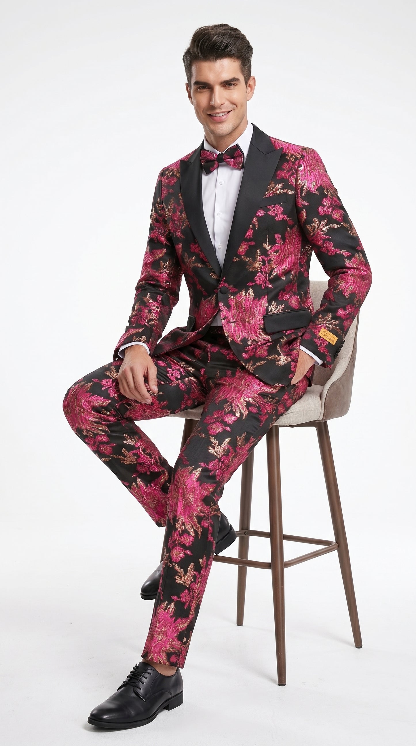 Men’s Fuchsia Pink and Black Floral Paisley Prom Tuxedo Suit, Shawl Lapel Wedding Party Formal Wear